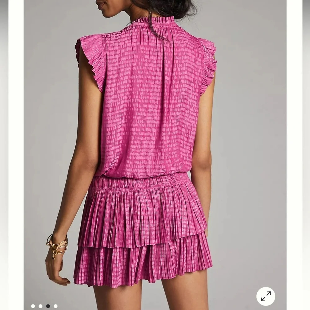 Magenta Pink Musette Mini Dress Barbie Size Medium Tiered Ruffle Hem Rush Satin - Picture 2 of 14